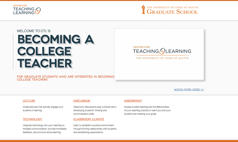 Screenshot of Becoming a College Teacher Website.  Preparing College Teachers shares this desgin.