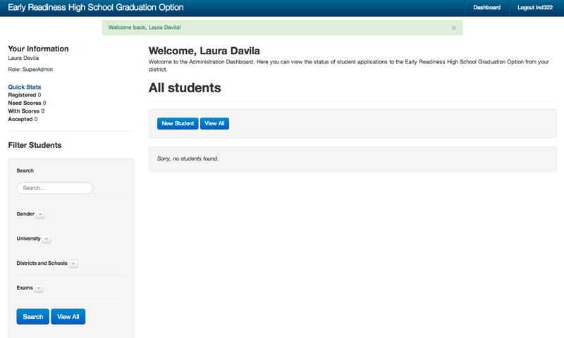Screenshot of Early Readiness Registration System